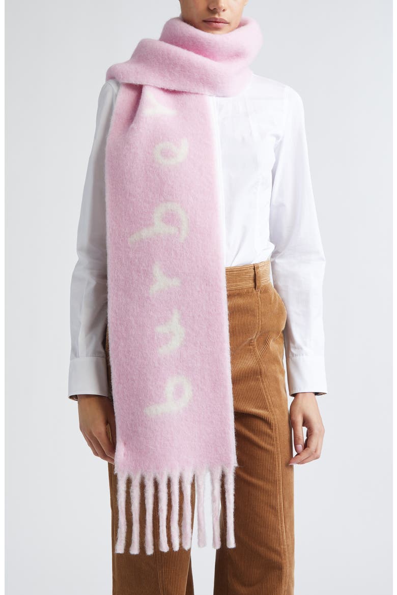 Logo Text Jacquard Reversible Alpaca & Wool Blend Fringe Scarf, Alternate, color, SUGAR PINK