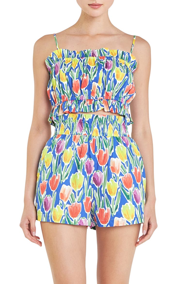 Tulip Print Ruffle Cotton Crop Top, Main, color, BLUE MULTI