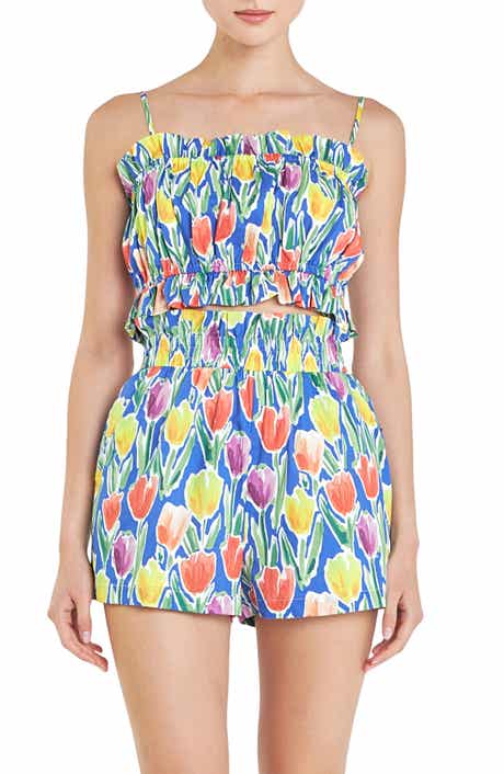 English Factory Tulip Print Ruffle Cotton Crop Top