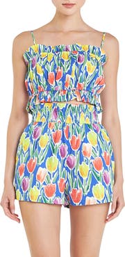 English Factory Tulip Print Ruffle Cotton Crop Top
