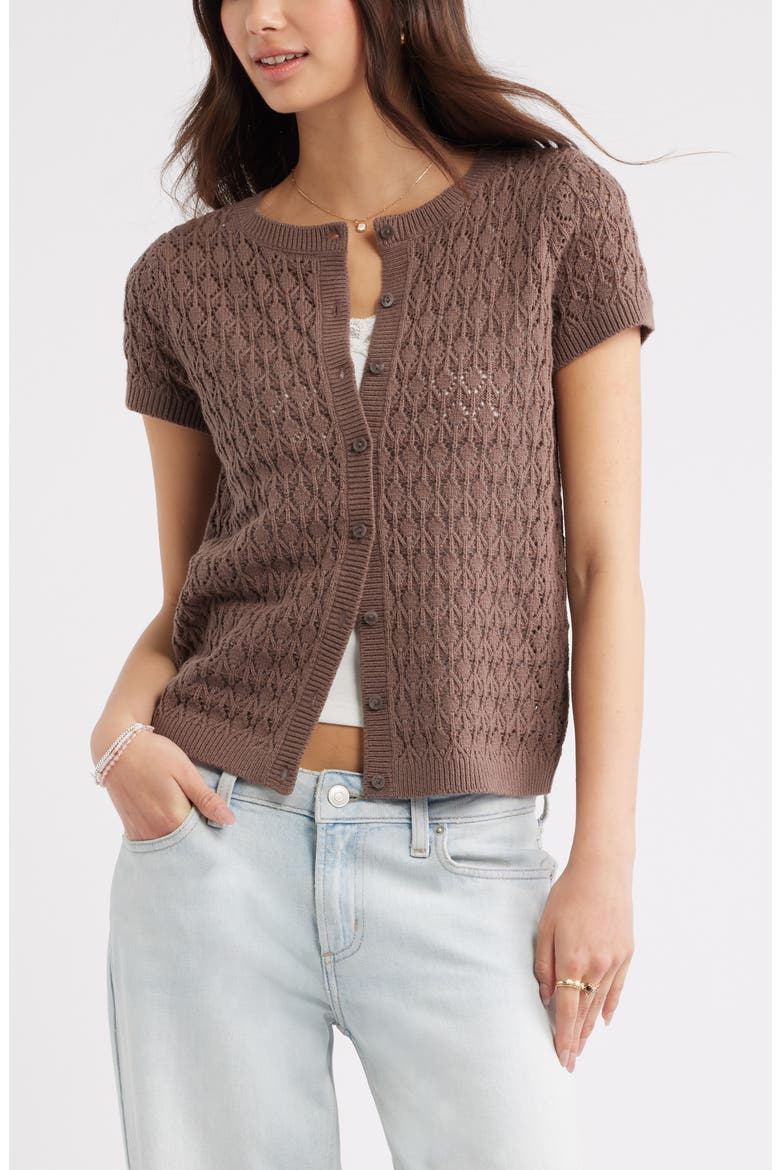 Pointelle Short Sleeve Cardigan, Main, color, BROWN QUARTZ