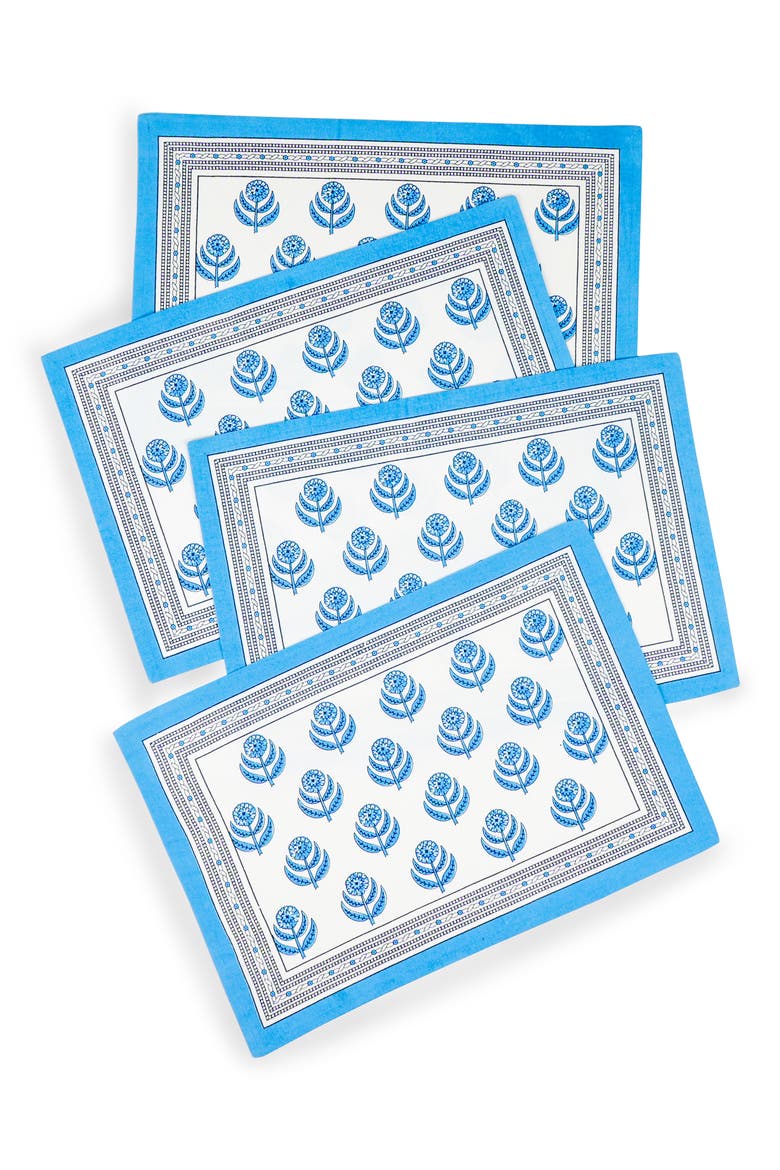 Set of 4 Floral Block Print Cotton Napkins, Main, color, BLUE