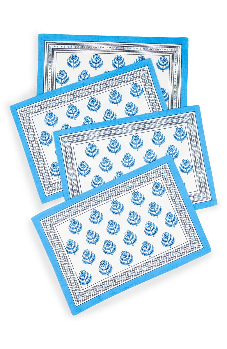 Tiramisu Set of 4 Floral Block Print Cotton Napkins, Main, color, Blue