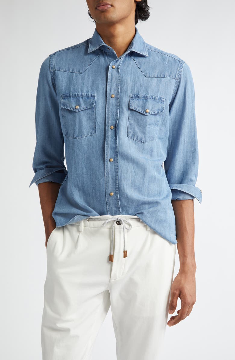 Eleventy Chambray Snap-Up Western Shirt, Main, color, Sky Blue