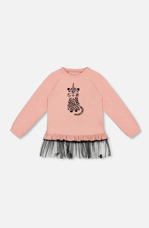 Long Bi-Material Top with Mesh Ruffle Hem and Leopard (Toddler & Little Kid)
