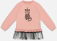 Deux par Deux Long Bi-Material Top with Mesh Ruffle Hem and Leopard