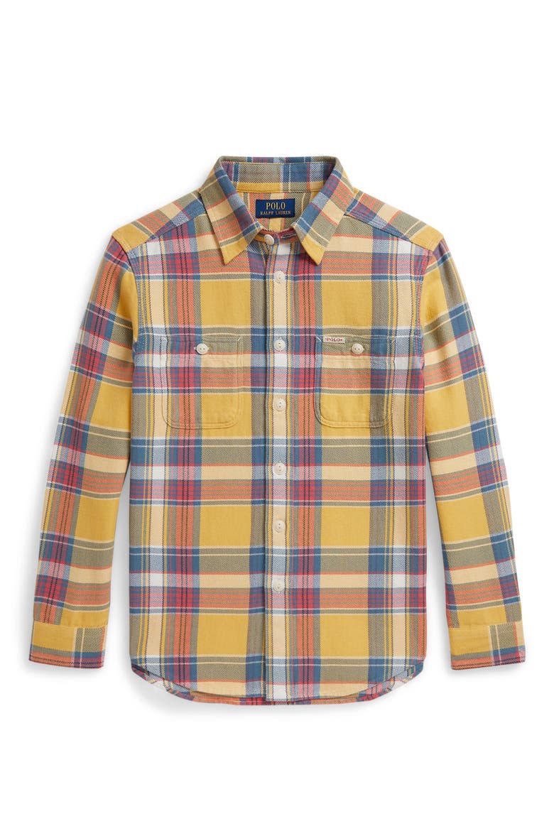 Kids' Plaid Long Sleeve Cotton Flannel Shirt, Main, color, DUSTY BLUE RED MULTI