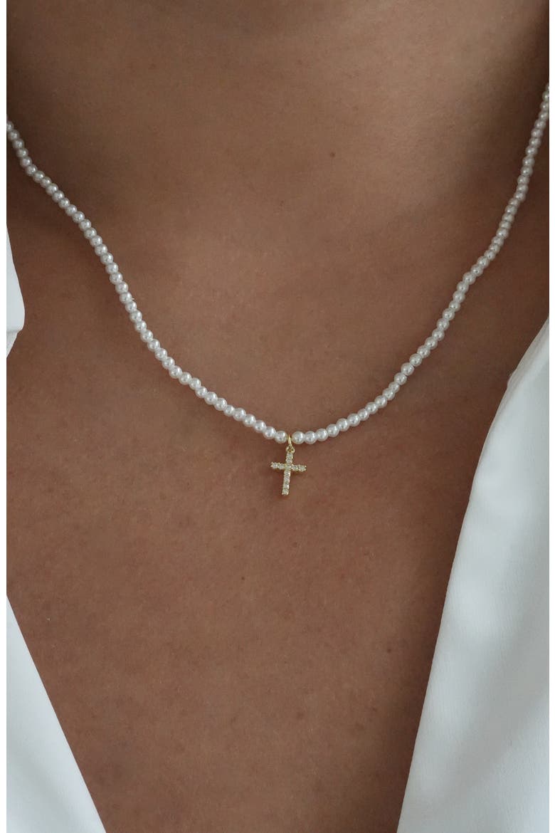 Cubic Zirconia Cross Pendant Faux Pearl Necklace, Alternate, color, GOLD