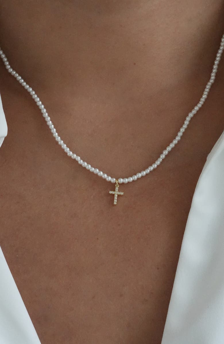 Argento Vivo Sterling Silver Cubic Zirconia Cross Pendant Faux Pearl Necklace, Alternate, color, Gold