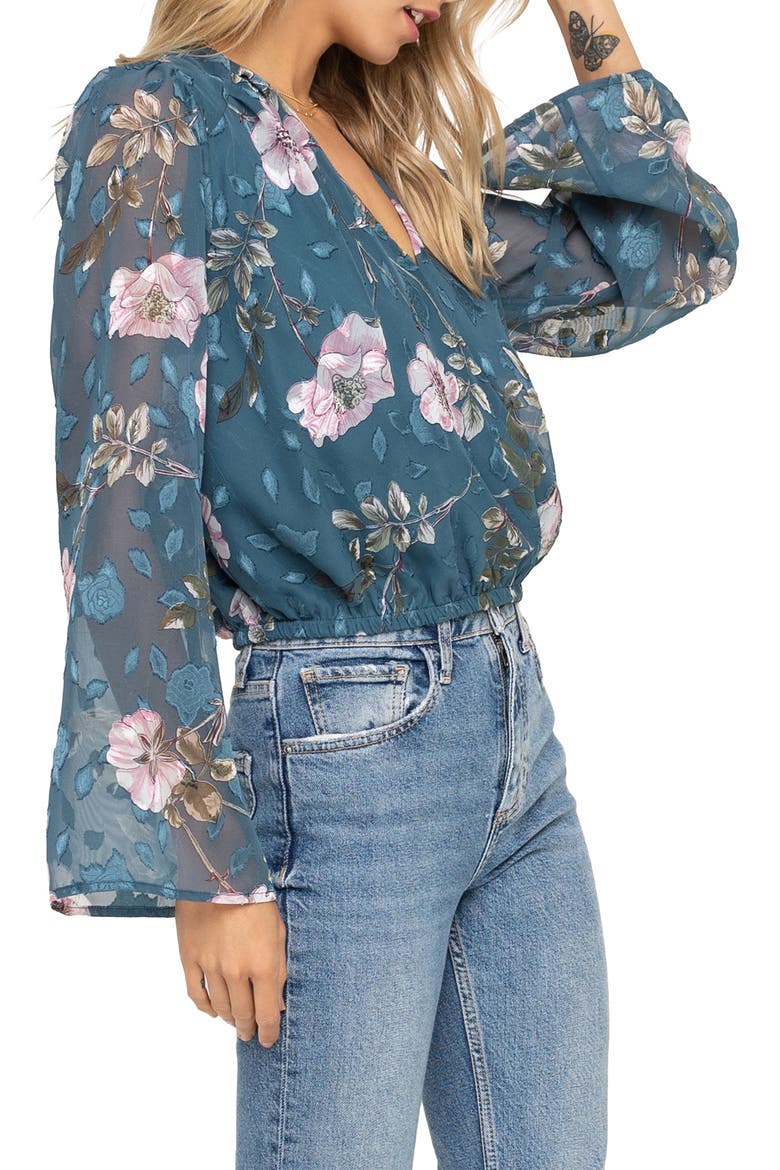 Surplice Cut Velvet Top, Alternate, color, TEAL/ MAUVE