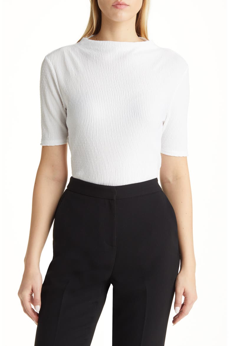 Plissé Smocked Funnel Neck Top, Main, color, WHITE