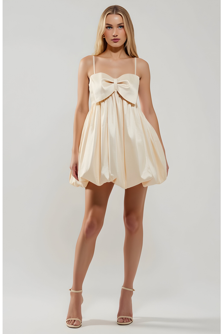 Mini Dress with Bow and Bubble Hem, Main, color, Light Beige