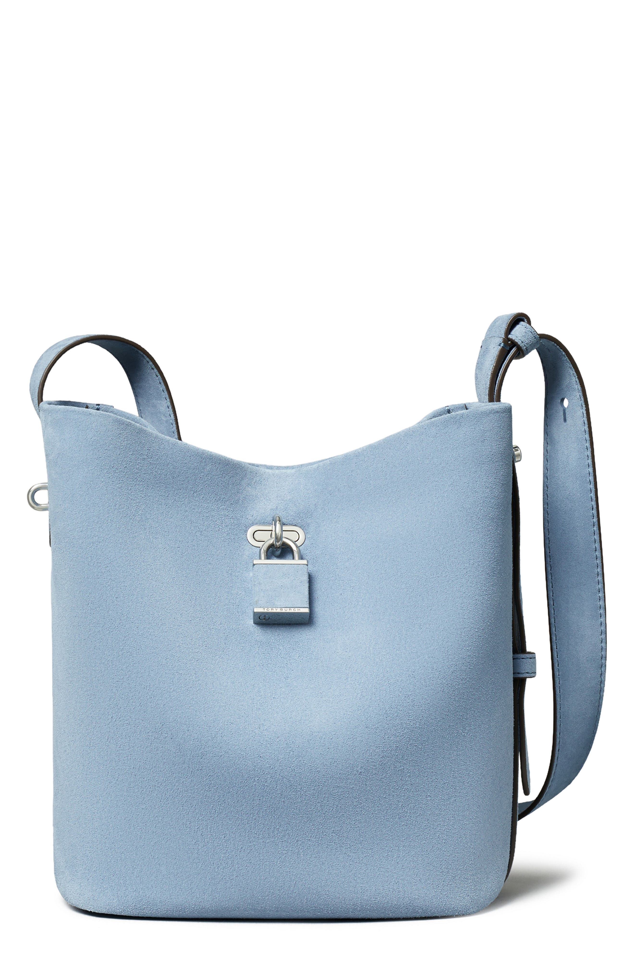 Lock Medium Slim Suede Bucket Bag, Main, color, STEEL BLUE