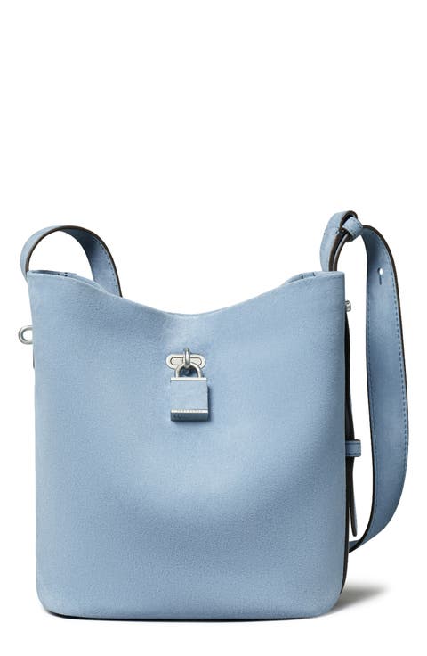 Lock Medium Slim Suede Bucket Bag