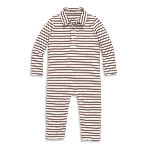 Primary Baby Long Sleeve Polo Romper In Mini Stripe In Brown