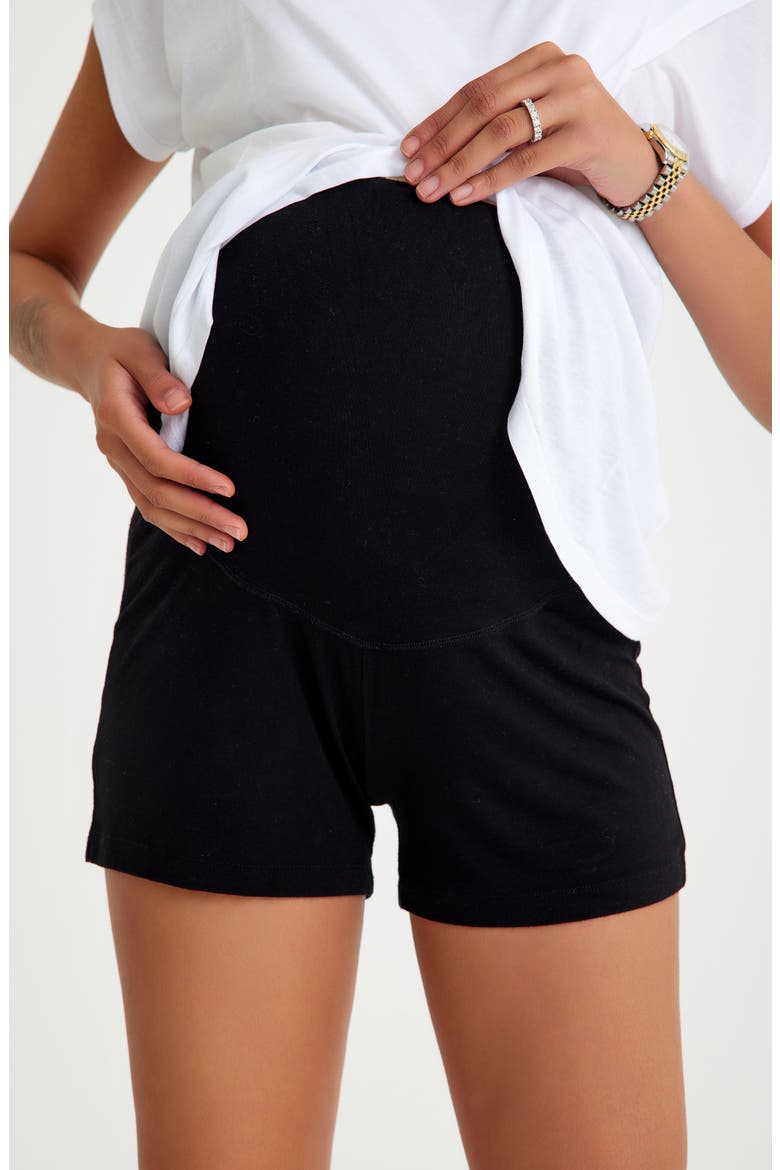 Super Soft Foldover Waistband Maternity Shorts, Alternate, color, BLACK