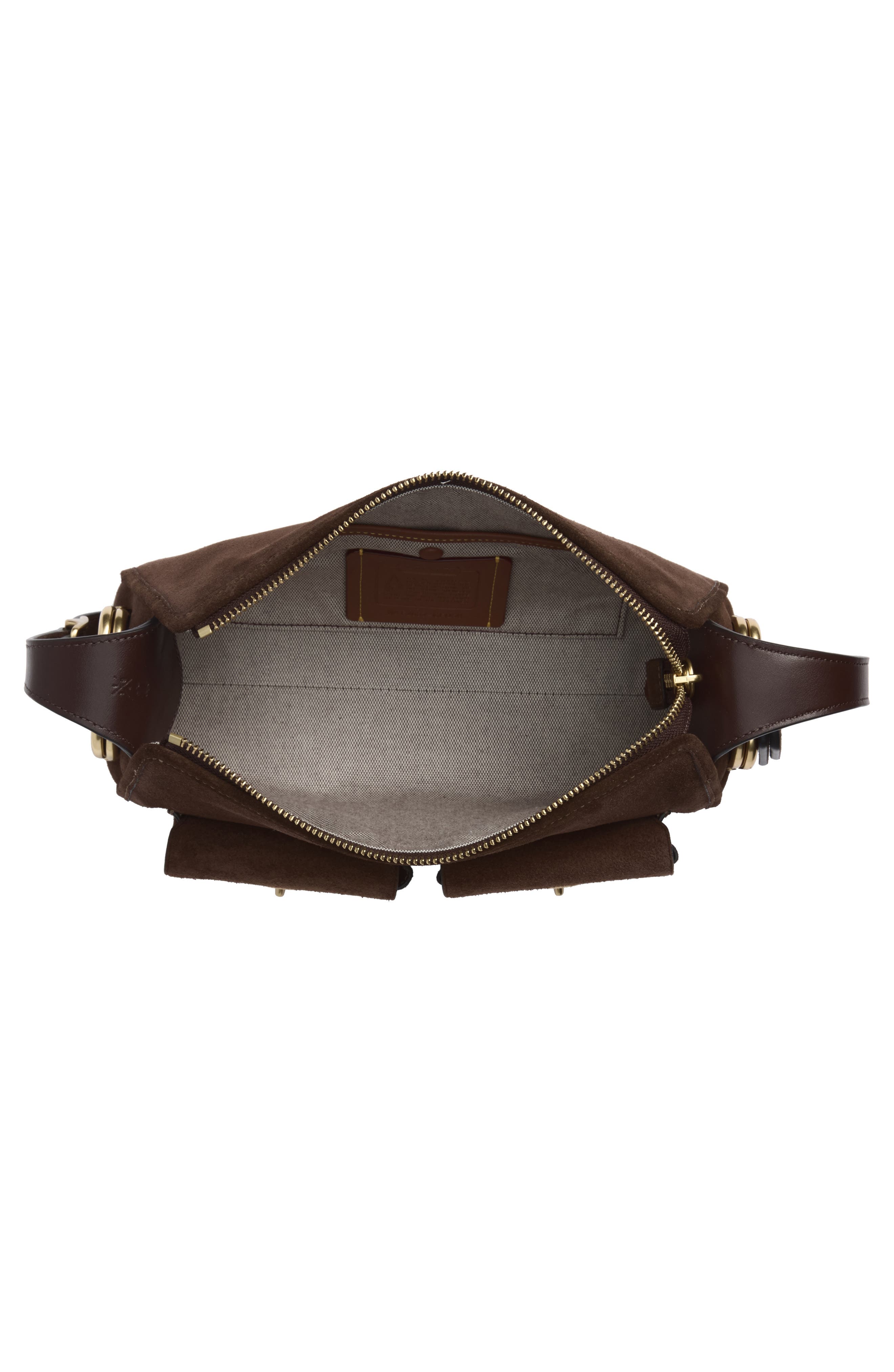 Turnlock Haversack Suede Shoulder Bag, Alternate, color, B4/ DARK CHOCOLATE