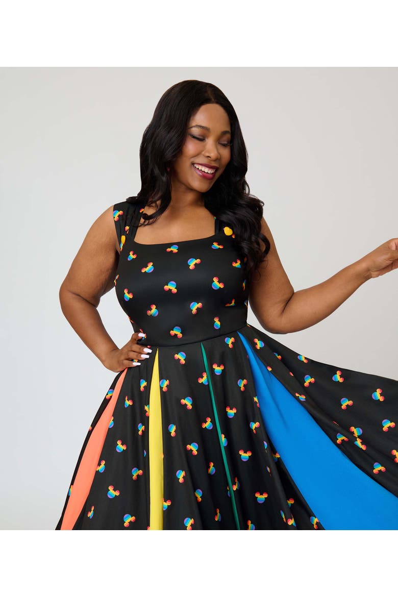 Plus Size Square Neck Sleeveless Godet Swing Dress, Alternate, color, Black Rainbow Mickey Print