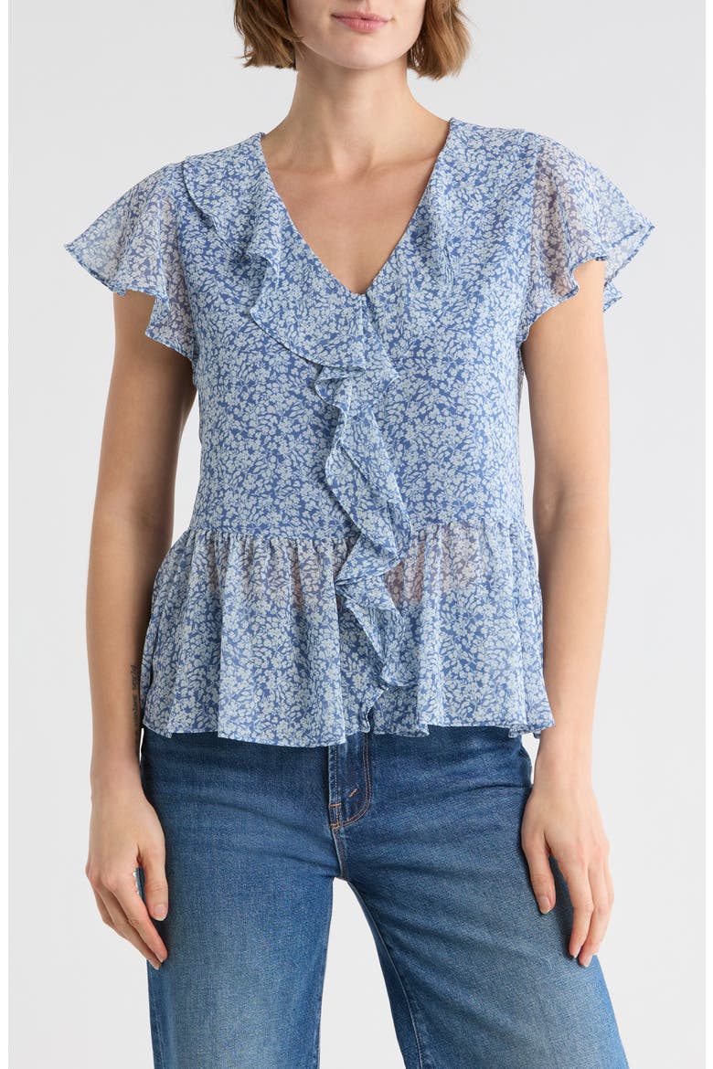 Flutter Sleeve Chiffon Peplum Top, Main, color, BLUE FRANCES DITSY