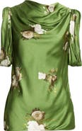 Erdem Painted Rose Print Crinkled Satin Top