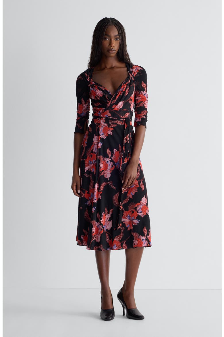 Carmen Floral Mesh Midi Dress, Alternate, color, IRIS FALLS MINI/ MID BLACK