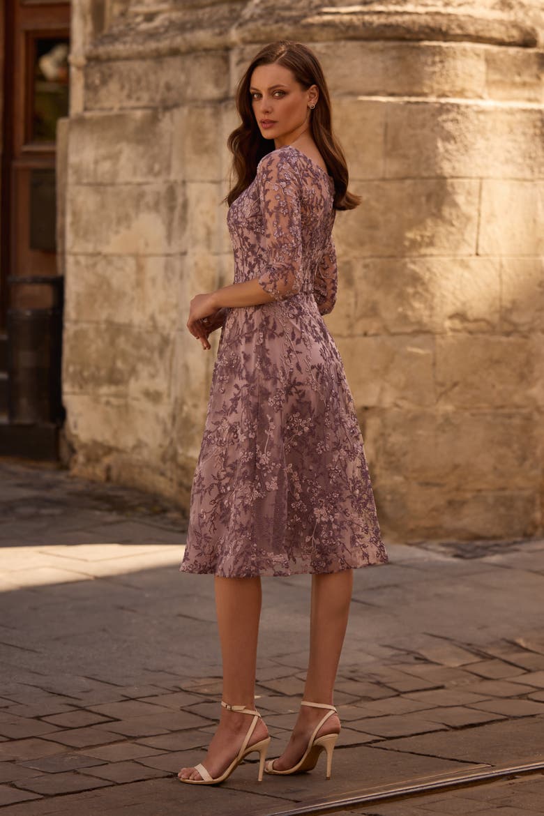 Tea Length Embroidered Dress with Sheer Sleeves, Alternate, color, Dusty Lilac
