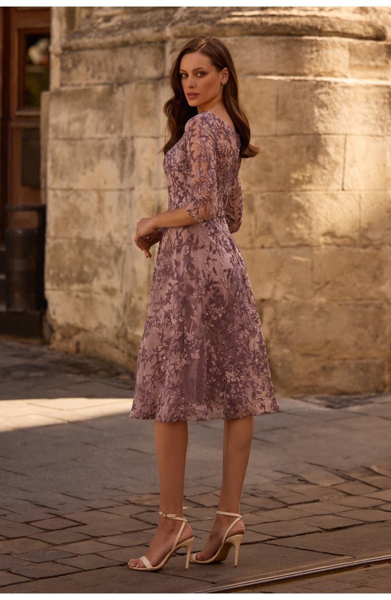 La Femme Tea Length Embroidered Dress with Sheer Sleeves, Alternate, color, Dusty Lilac