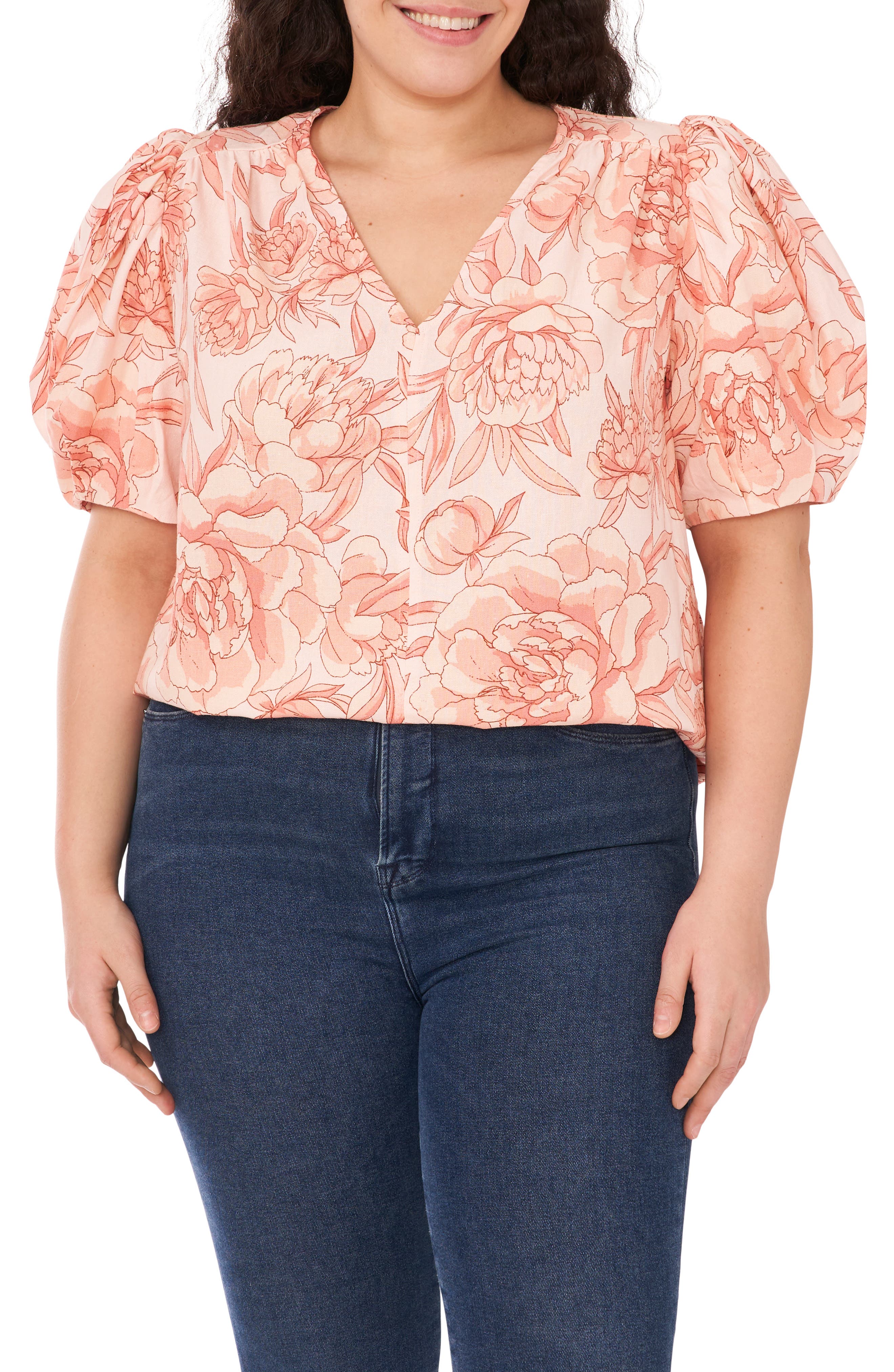 CeCe Floral Print Puff Sleeve Linen Blend Top (Women) | Nordstromrack
