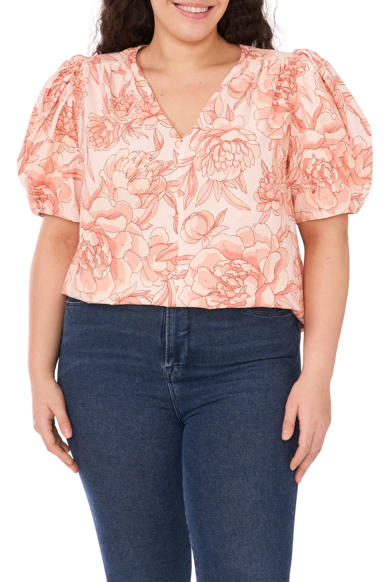 Floral Print Puff Sleeve Linen Blend Top, Main, color, SWEET ROSE