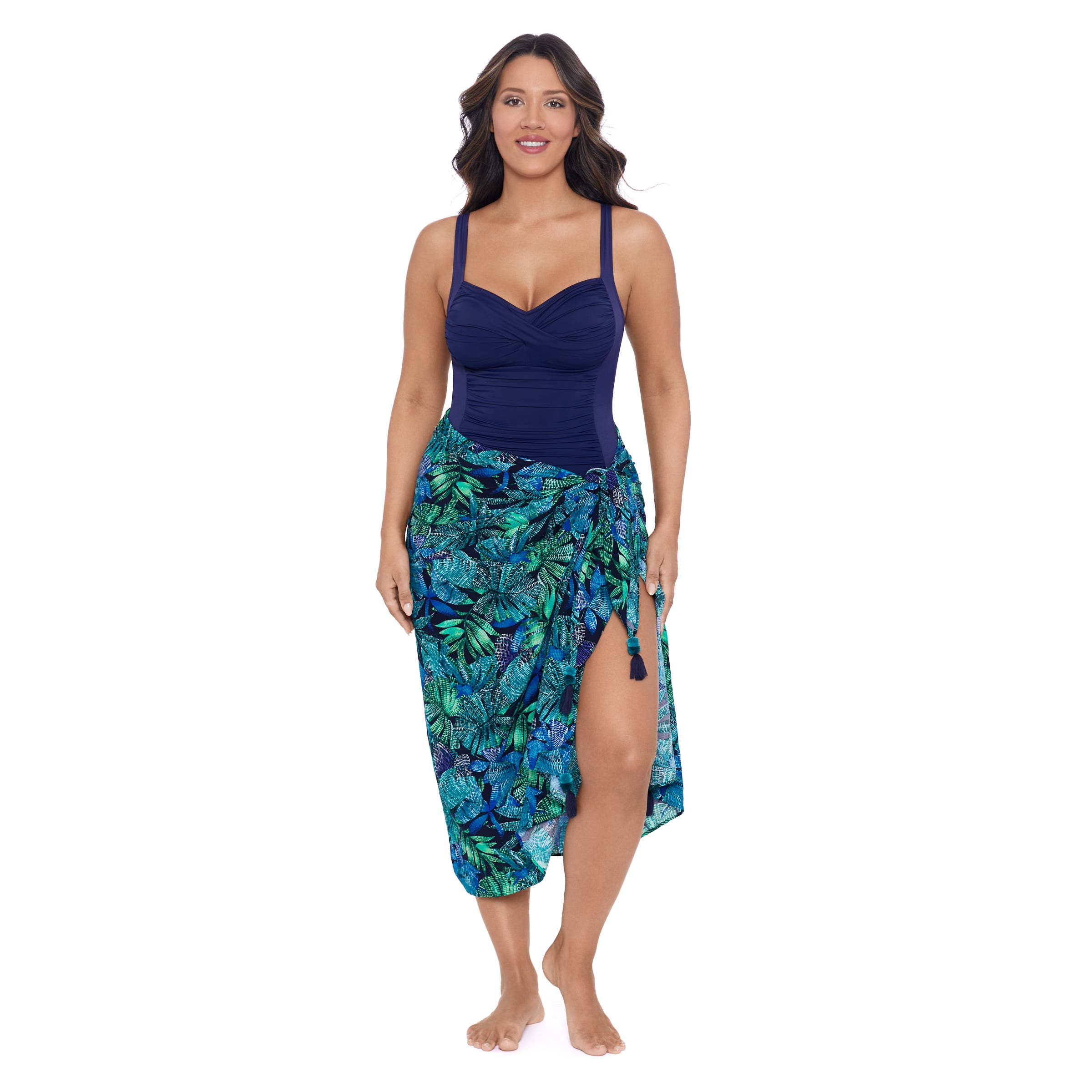 Trimshaper Adjustable Side Tie Tassel Pareo Swimsuit Coverup in Mosaic Jungle 