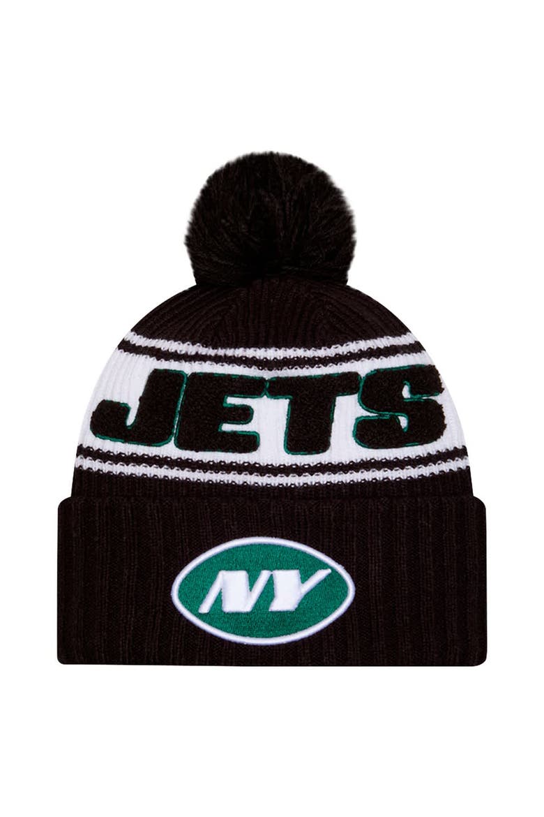 Men's New Era Black New York Jets 2024 Sideline Cuffed Knit Hat with Pom, Main, color, Black