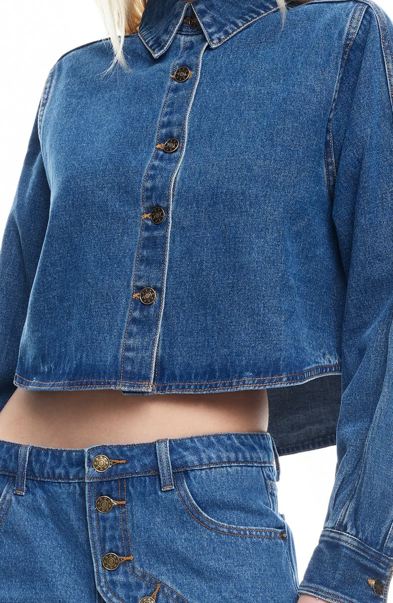 LIONESS Sundrenched Denim Crop Button-Up Shirt, Alternate, color, Mid Wash