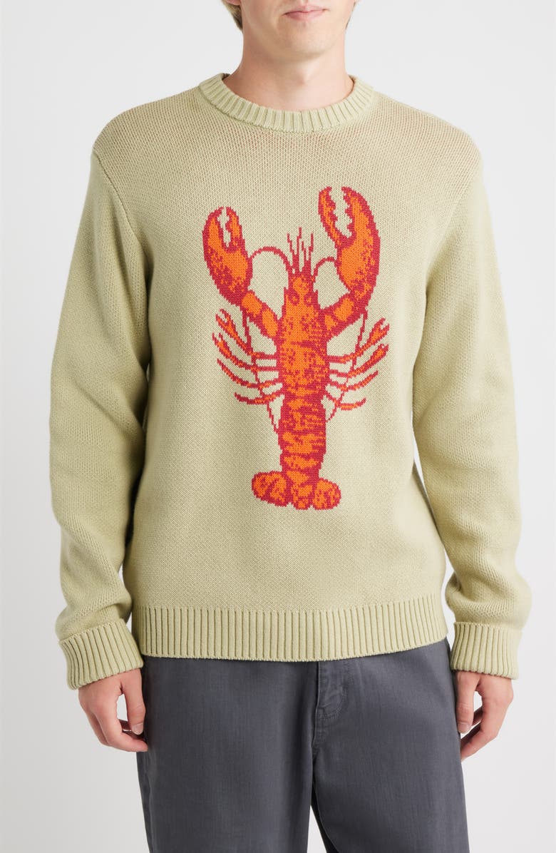 DARK SEAS Montauk Lobster Jacquard Cotton Crewneck Sweater, Main, color, Moss