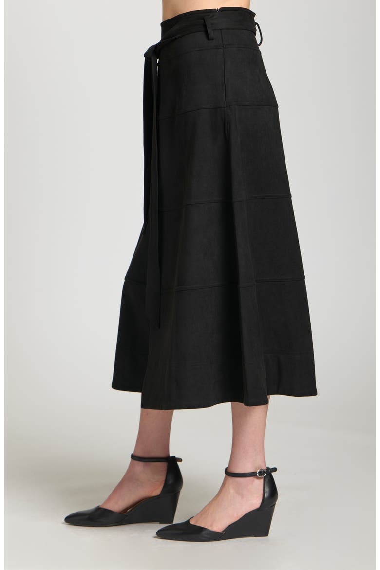 Faux Suede Paneled A-Lined Midi Skirt, Alternate, color, BLACK