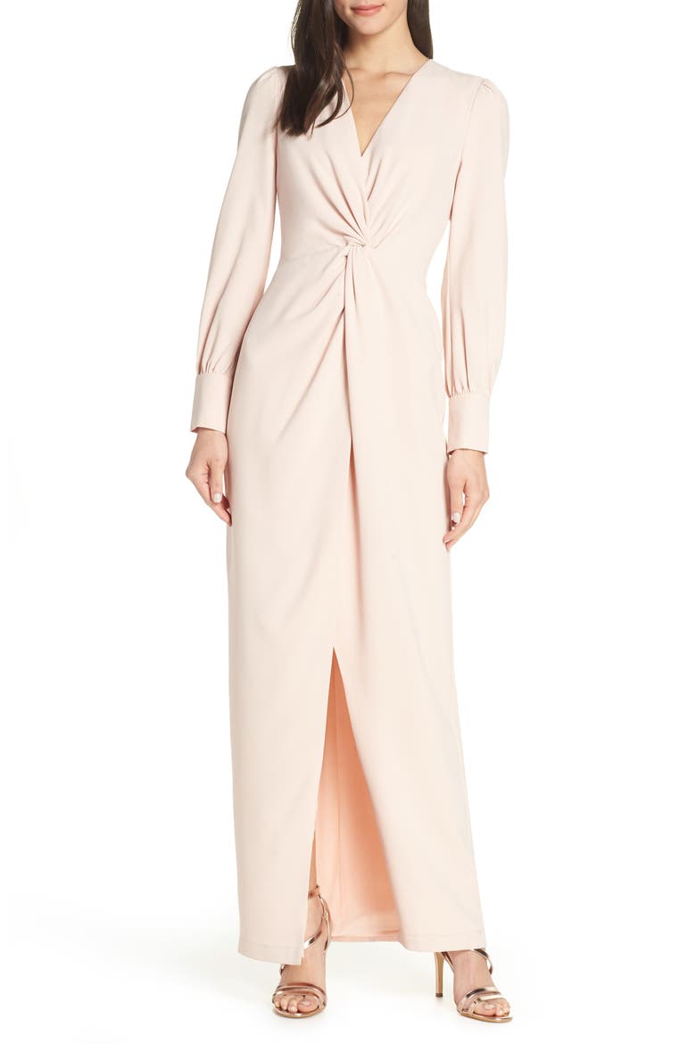 Twist Front Faux Wrap Gown, Main, color, BLUSH