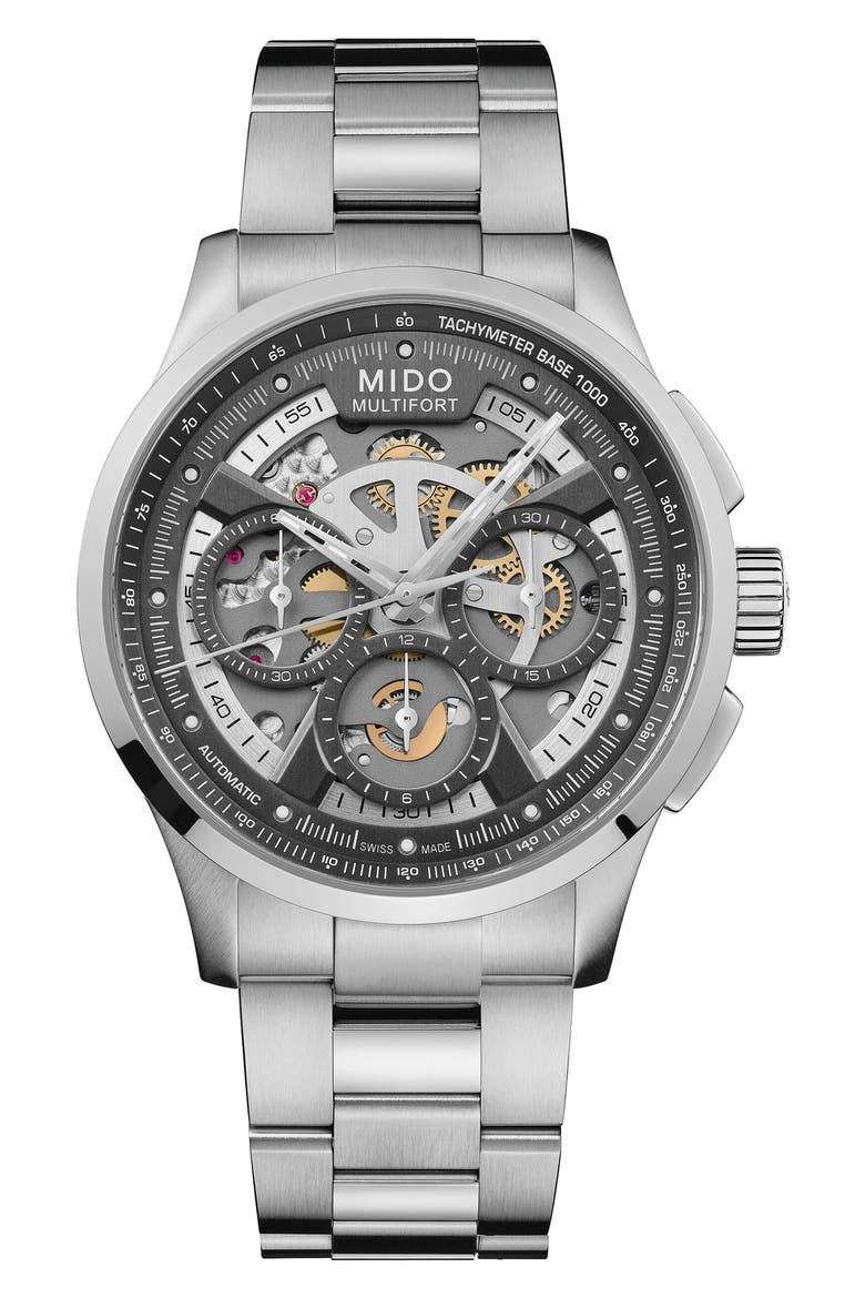 Multifort Skeleton Chronograph Automatic Bracelet Watch, 43mm, Main, color, ANTHRACITE