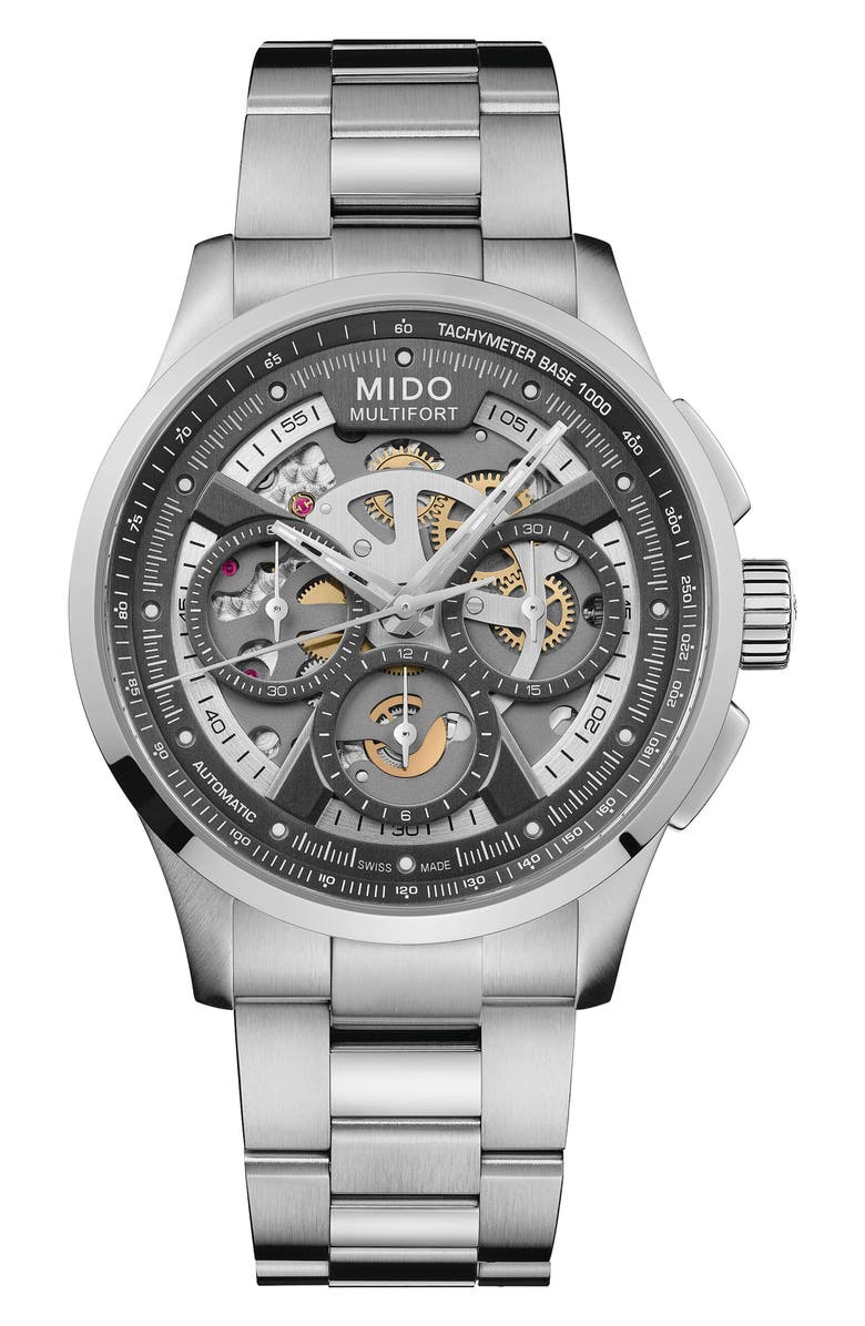 MIDO Multifort Skeleton Chronograph Automatic Bracelet Watch, 43mm, Main, color, Anthracite