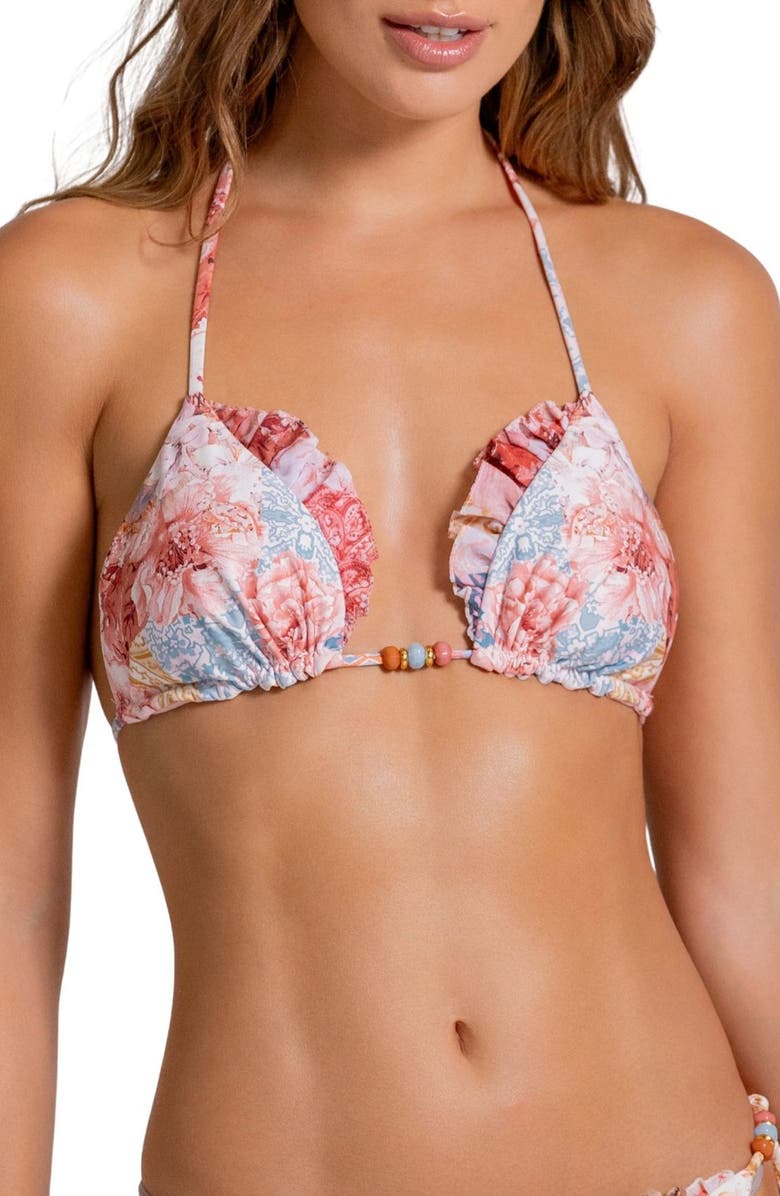 Cosita Linda Ruffle Triangle Bikini Top, Main, color, White Multi