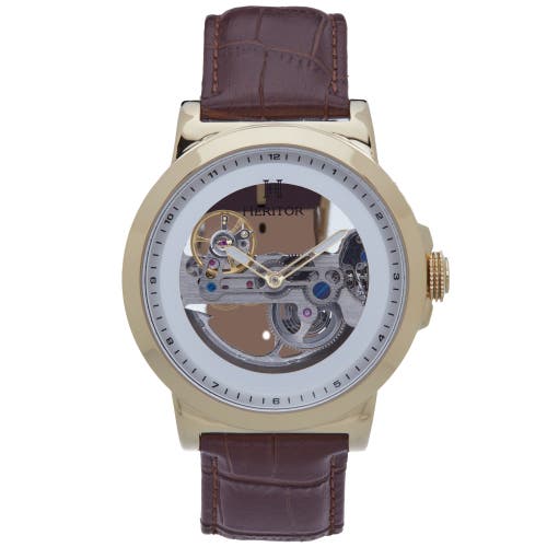 Heritor Automatic Xander Semi-Skeleton Leather-Band Watch in Gold/brown at Nordstrom