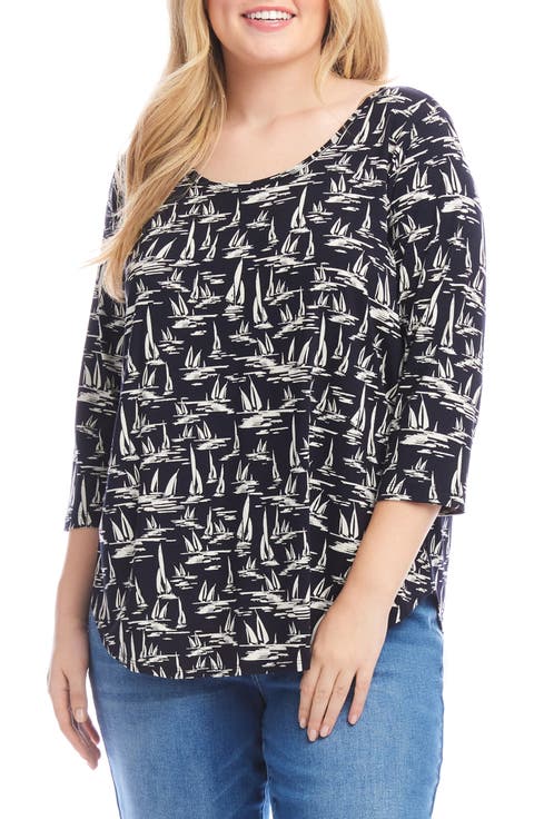 Sailboat Print Knit Shirt (Plus)