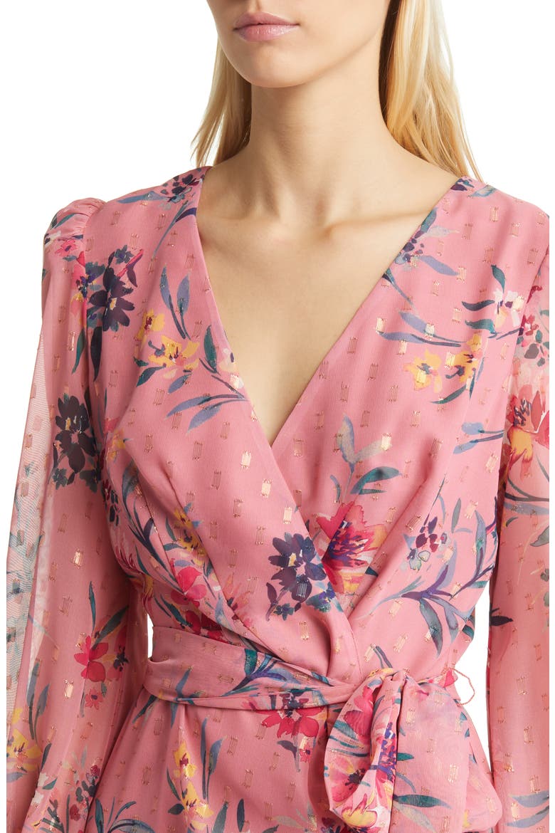 Metallic Fleck Floral Long Sleeve Body-Con Dress, Alternate, color, BLUSH