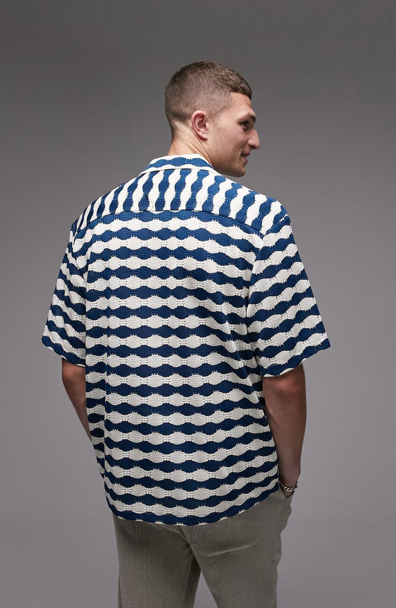 Topman Wavy Stripe Crochet Button-Up Camp Shirt, Alternate, color, 