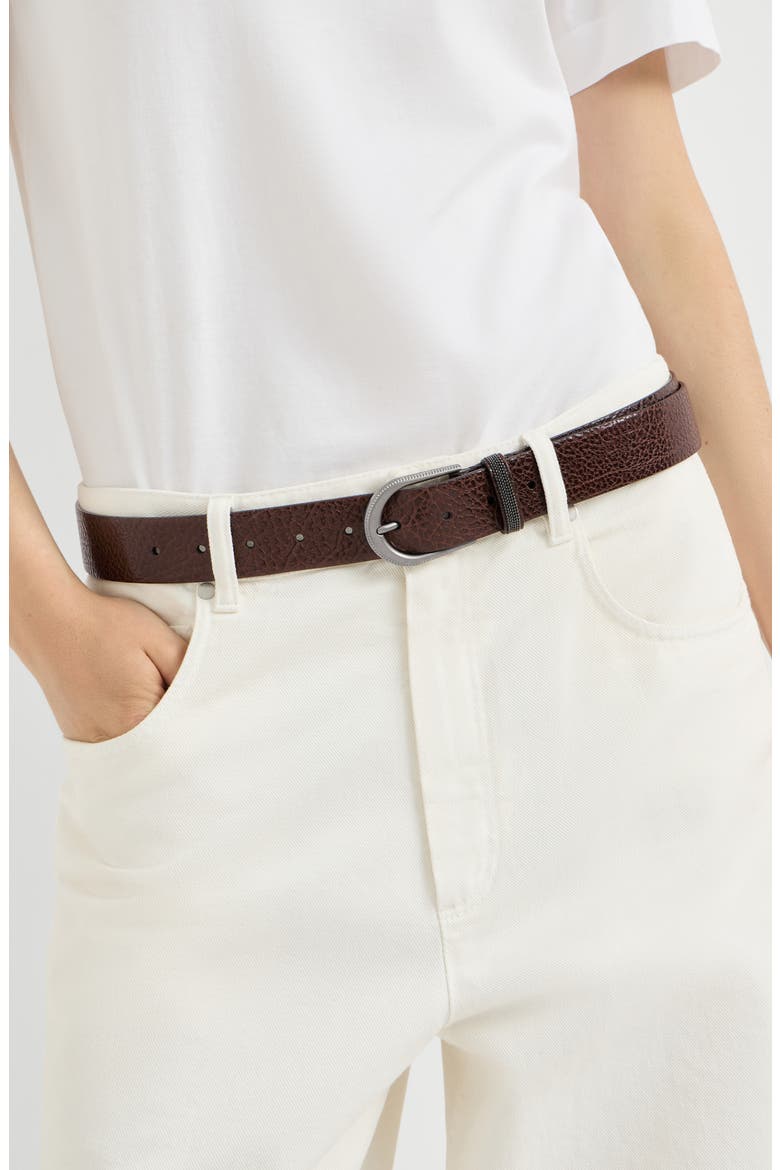 Glossy hammered calfskin belt with monili, Alternate, color, Light Grey