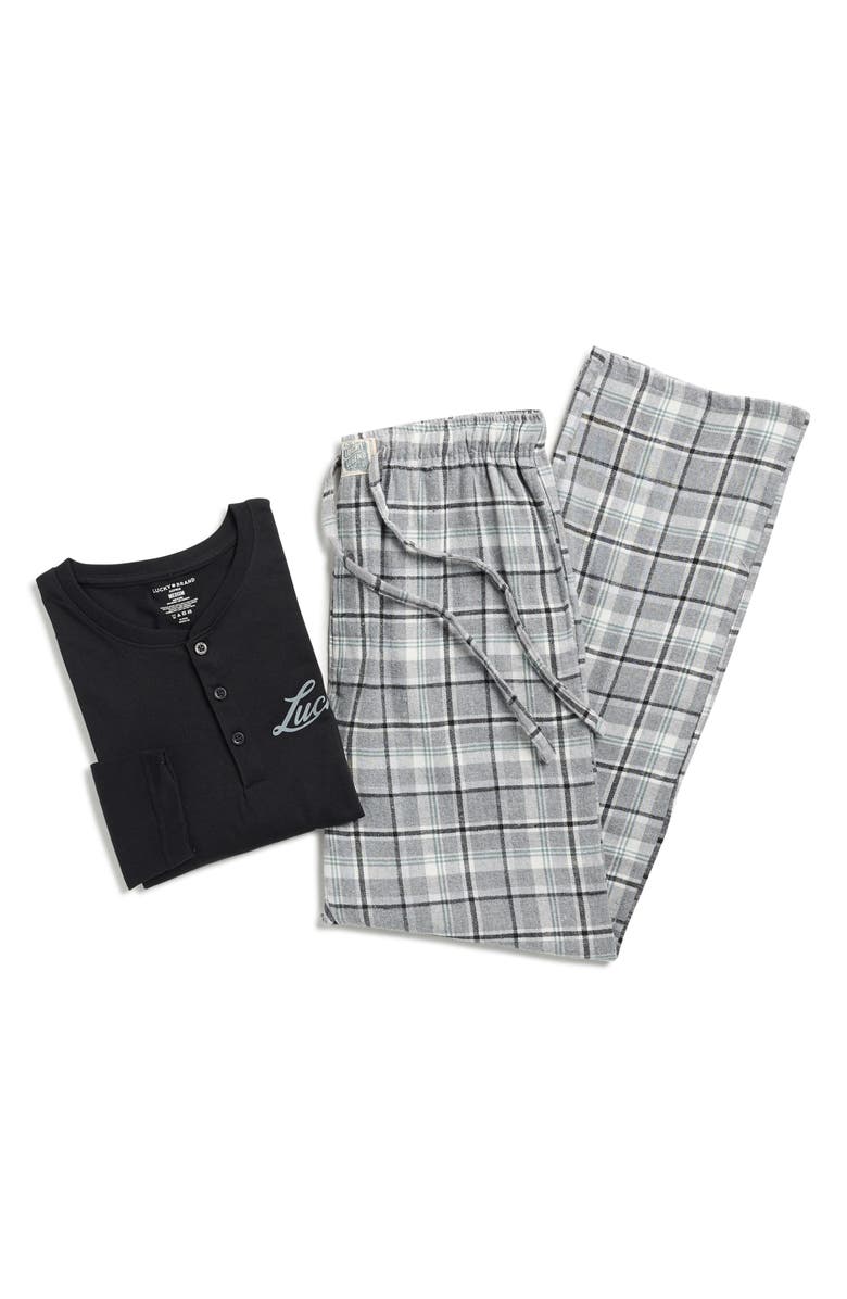 Lucky Brand Thermal Henley & Flannel Pajama Pants Set, Alternate, color, Jet Black/ December Sky Plaid