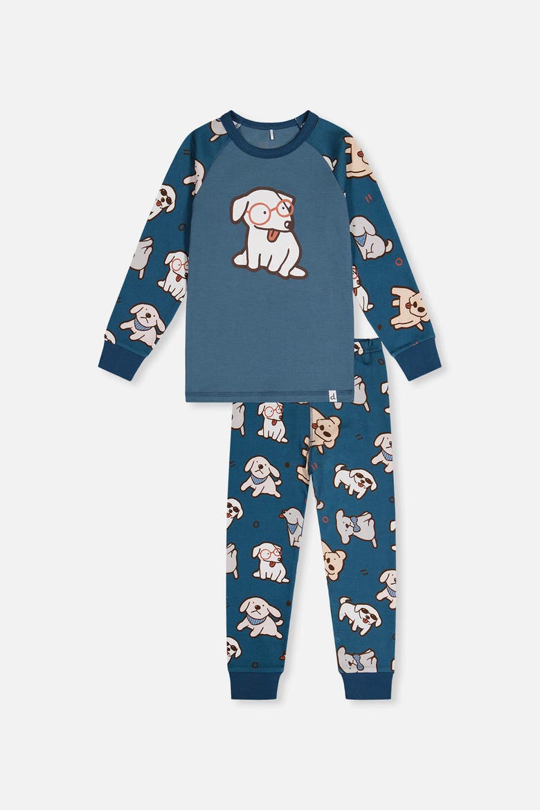 Dog Organic Cotton Top Pants Two Piece Pajama Set, Main, color, Turquoise Printed Dogs