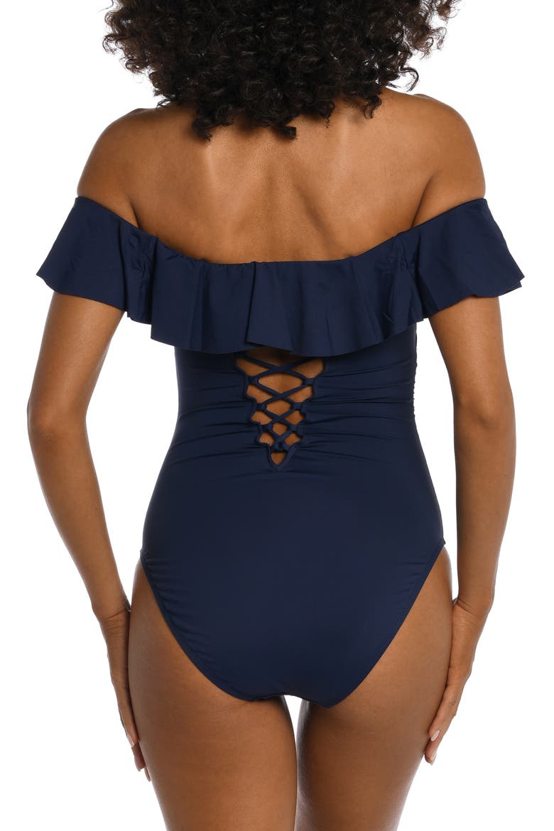 Off the Shoulder One-Piece Swimsuit, Alternate, color, INDIGO
