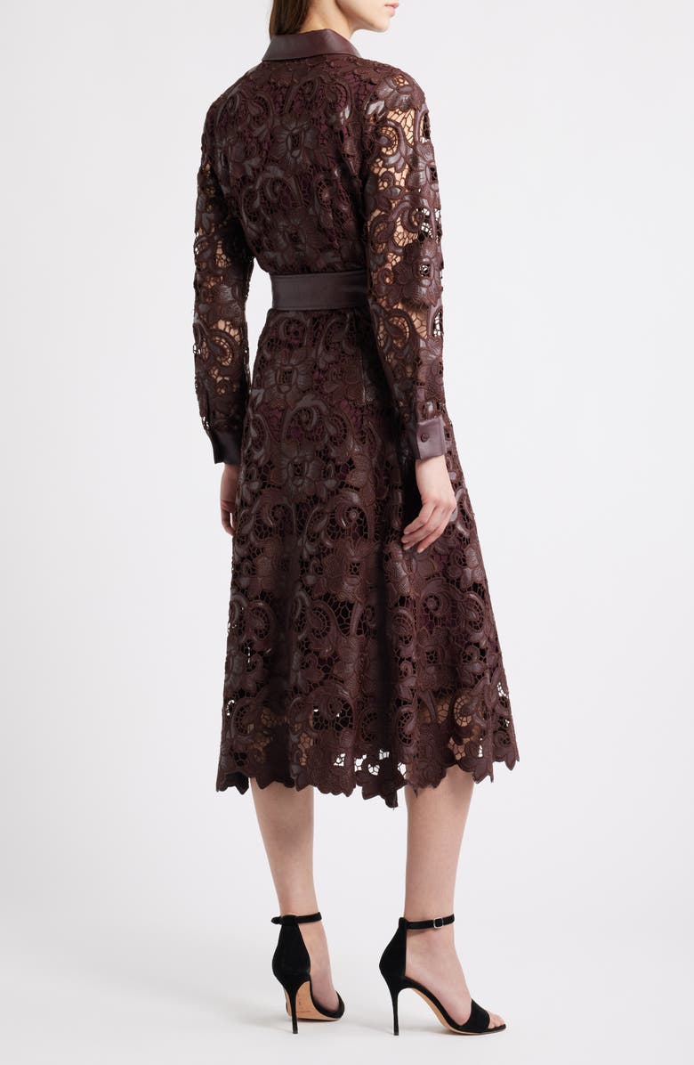 Elie Tahari Chayenne Long Sleeve Faux Leather & Lace Shirtdress, Alternate, color, Noir Berry Red