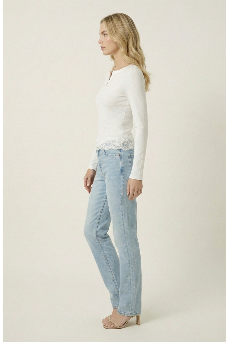 Long Sleeve Lace Trim Henley Top, Alternate, color, White