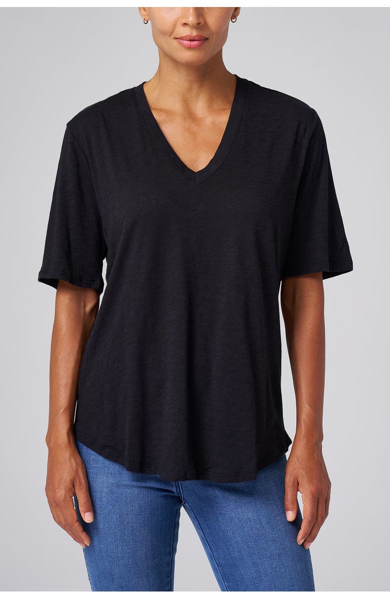 Franne Golde Slub Jersey V-Neck Elbow Sleeve Tee, Main, color, Black