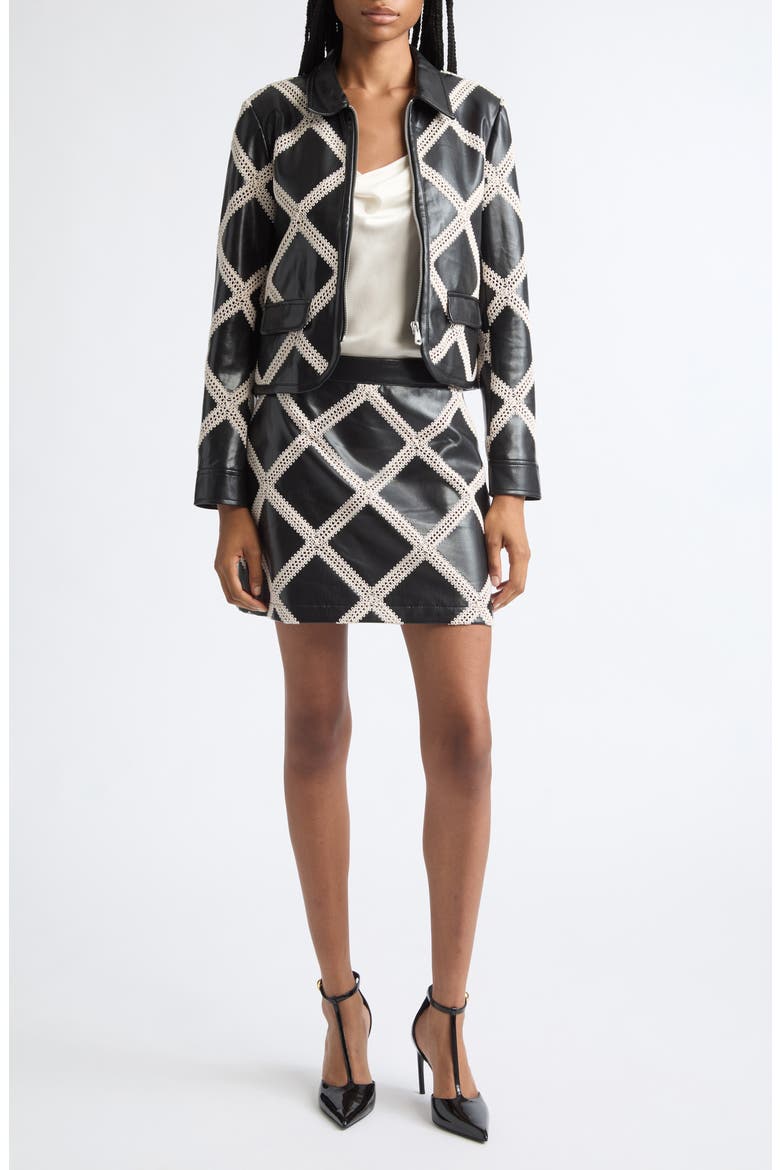 Audree Faux Leather Jacket with Crochet Overlay, Alternate, color, BLACK/ GARDENIA